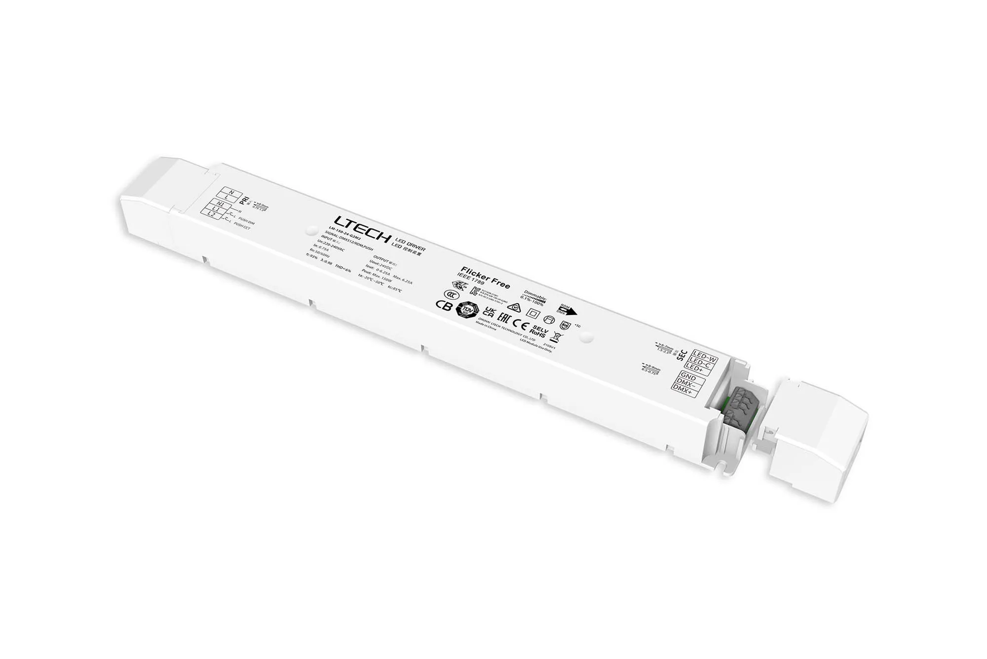 DMX512/RDM/Push DIM/CCT, 0-100% Dim, CV 150W, 24Vdc 6.25A, 200-240Vac, IP20, 5yrs Warranty. LM-150-24-G2M2  LTECH DMX Constant Voltage